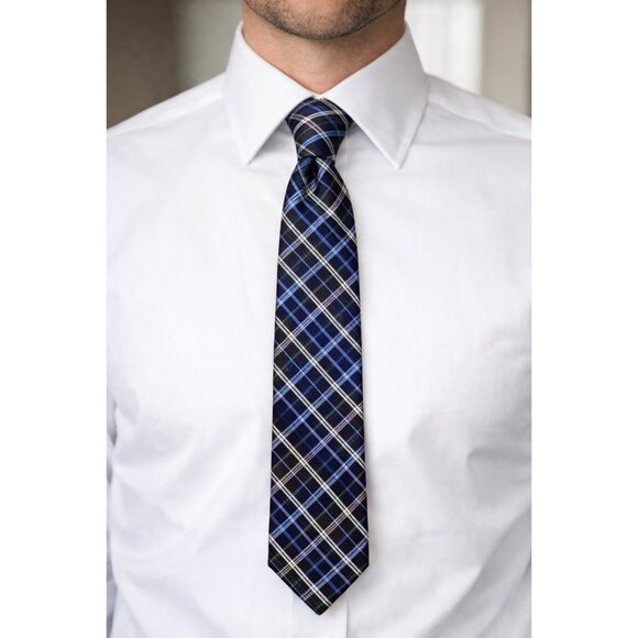 Haines & Bonner of London Blue Plaid Silk Neck Tie Classic Business Tie - Picture 6 of 6